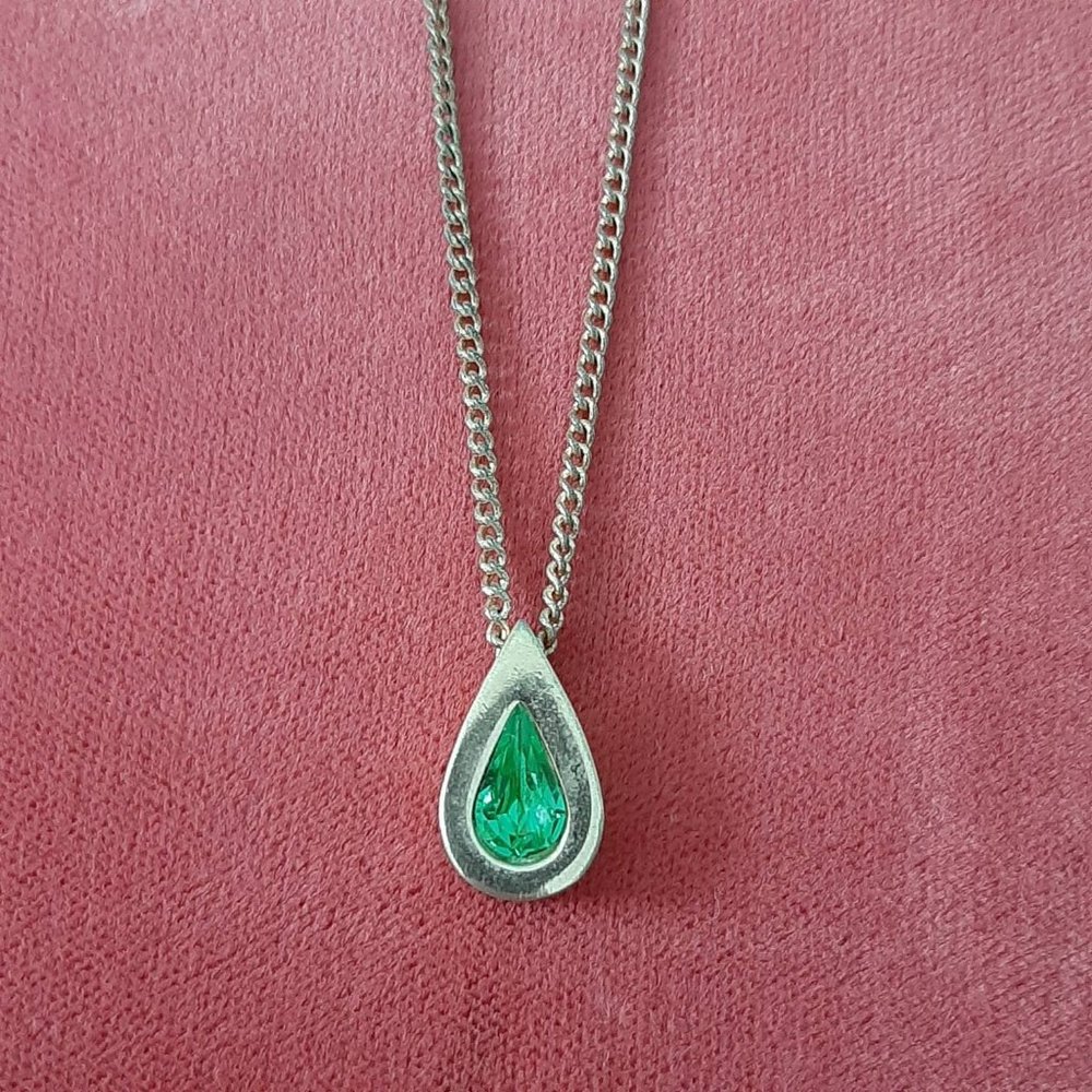 Vintage Faux Peridot Teardrop Necklace by Avon Adjustable Length Gold Tone